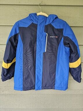 Swiss Tech Blue, Navy & Yellow Kids Hooded Puffer Skiing Jacket Size M(8)